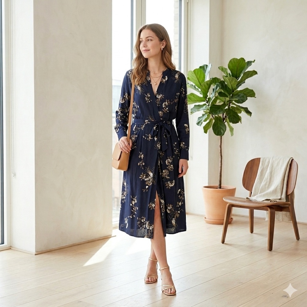 Vince navy blue silk floral midi wrap shirt dress - Medium
